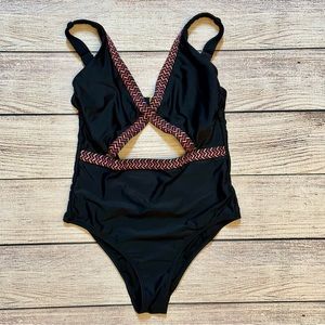 Xhilaration Tribal Trim Cut-Out Embroidery One Piece Swimsuit Black Size M